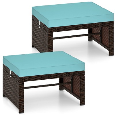 Tangkula Set of 2 Patio PE Rattan Ottomans w/ Soft Zippered Cushions for Deck Outdoor
