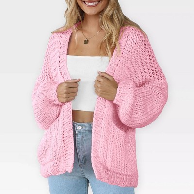 Women's Sweater Knit Cardigan with Pockets - Open Front Cable Knit Chunky Thick Sweater for Comfy Winter Knitwear,Pink - M