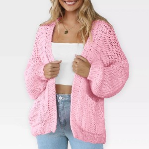 Women's Sweater Knit Cardigan with Pockets - Open Front Cable Knit Chunky Thick Sweater for Comfy Winter Knitwear,Pink - M - 1 of 4