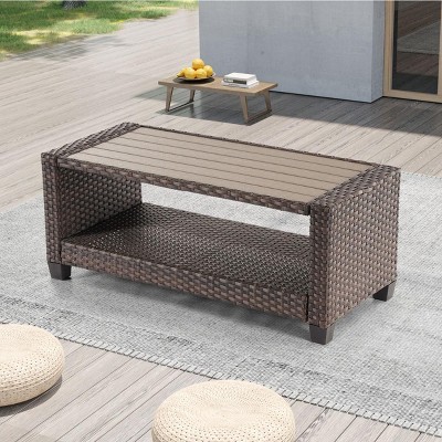Sonkuki Patio Rectangle PE Rattan Coffee Table with HIPS Table Top
