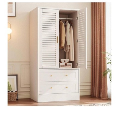 White Wardrobe Armoire with 2 Shutter Doors & 2 Drawers, Hanging Rod, Freestanding Wooden Closet, Large Capacity Storage for Bedroom