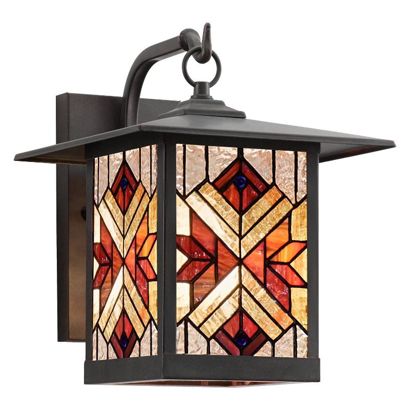 11.75&#34; Stained Glass 1-Light Tiffany Style Bronze Outdoor Lantern Wall Sconce - River of Goods, 1 of 8
