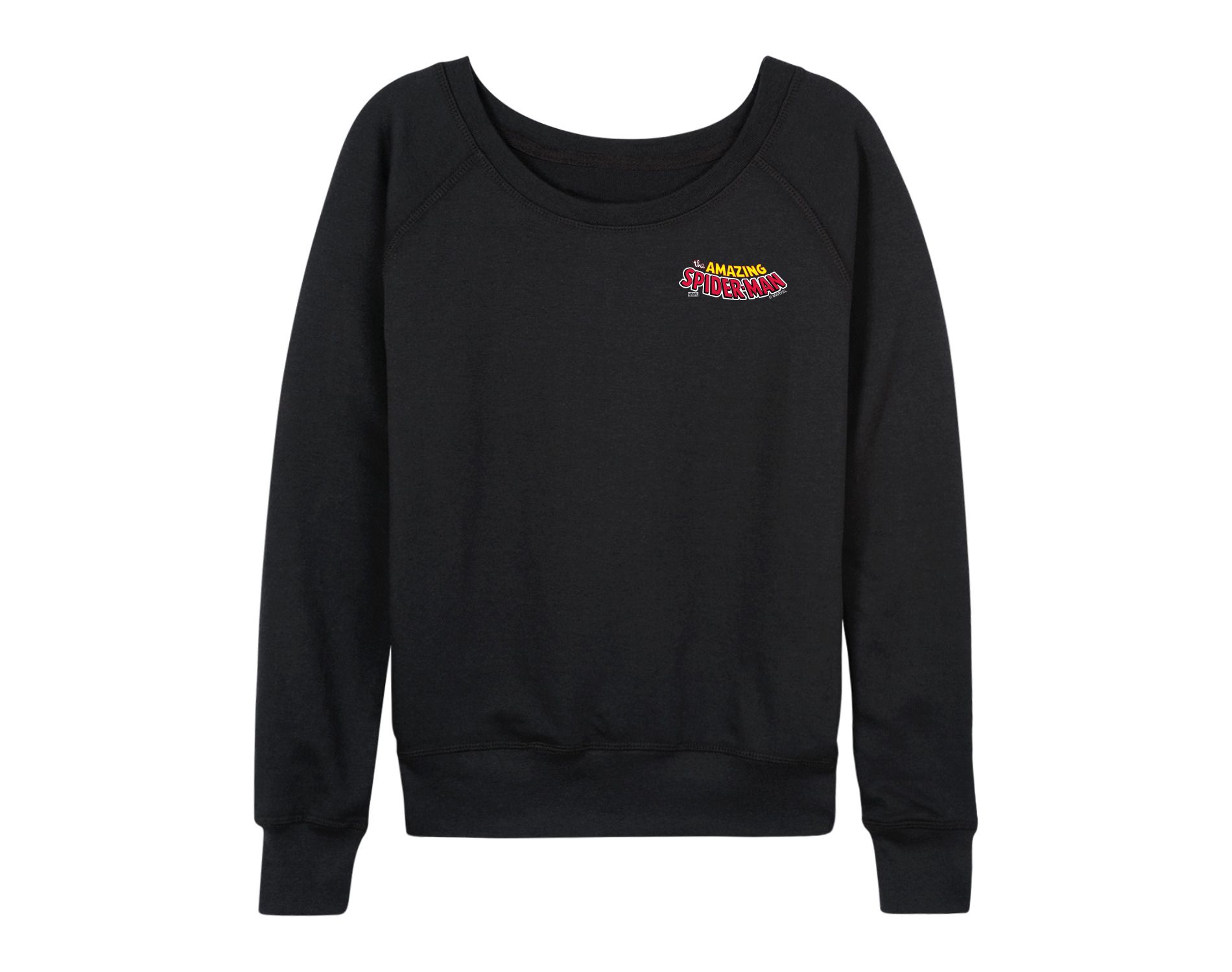 Women's Marvel Spiderman Editorial Logo Lightweight French Terry Wide Neck Long Sleeve Graphic Shirt - Black - 1X