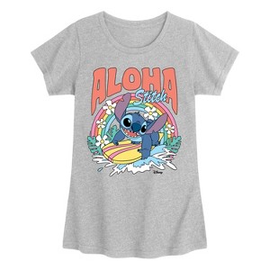 Girls' - Disney - Aloha Stitch Rainbow Surf- Youth Girls Short Sleeve T-Shirt Fitted Short Sleeve Graphic T-Shirt - 1 of 3