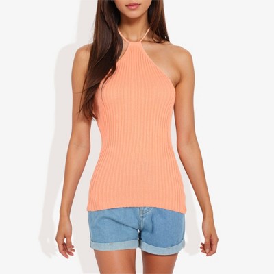 Anna-Kaci Women's Halter Neck Knit Tank Top with Ribbed Design and Stretchy Fit for Casual Summer Wear