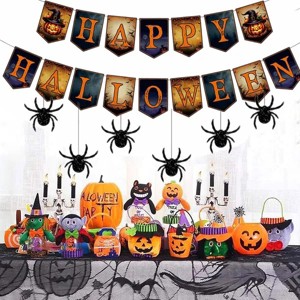 Racxily Happy Halloween Banner and Hanging Spider Garland Trick or Treat Banner Sign Happy Halloween Paper Banner - 1 of 4