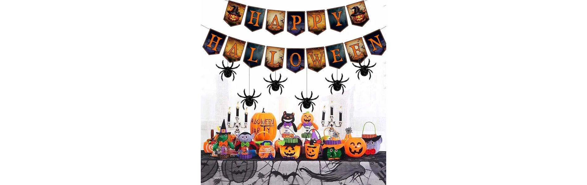 Racxily Happy Halloween Banner and Hanging Spider Garland Trick or Treat Banner Sign Happy Halloween Paper Banner