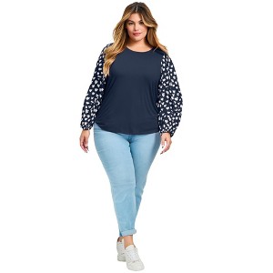 Avenue Women's Plus Size Mix Media Heart Sleeve Top - 1 of 4