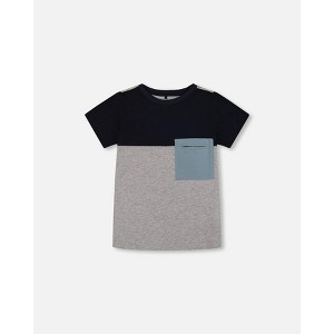 Deux par Deux Boy Organic Cotton Colorblock Tee Gray, Navy and Teal - 1 of 4