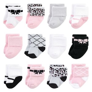 Hudson Baby Infant Girls Cotton Rich Newborn and Terry Socks, Bows 12-Pack - 1 of 4