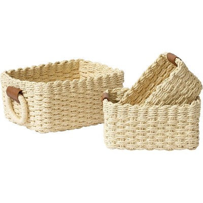 Attop Small Wicker Baskets for Organizing, Recycled Paper Rope Storage Basket for Shelves , Decorative Square Basket Organizer Set of 3