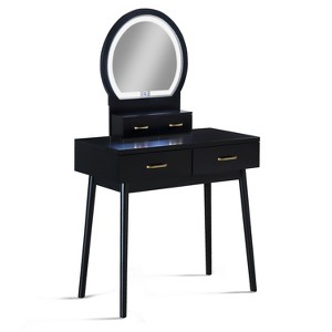 Gulches Modern Luxury 3pc Vanity Table & Stool Set - Built-in LED-lit Mirror, Gold-Accented Handles, Cushioned Stool, Wooden Furniture, Black - 1 of 4