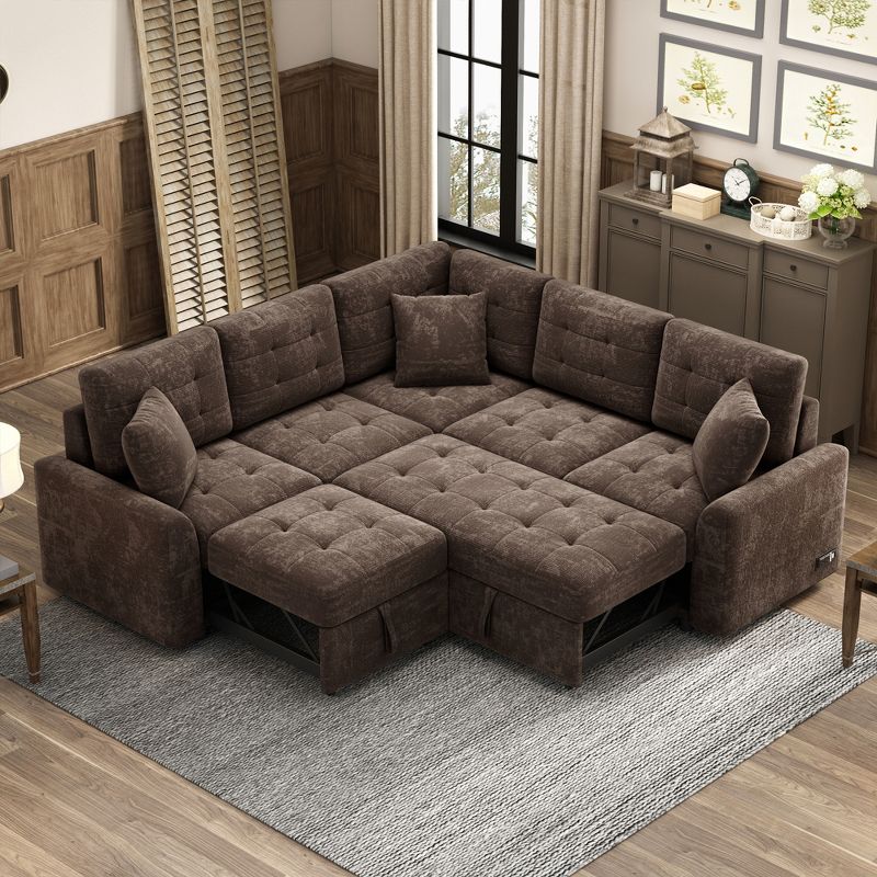 82.6" L-Shape Sofa Bed with Wheels, Pull-out Sleeper Sofa with USB Ports and Power Sockets - ModernLuxe, 2 of 14