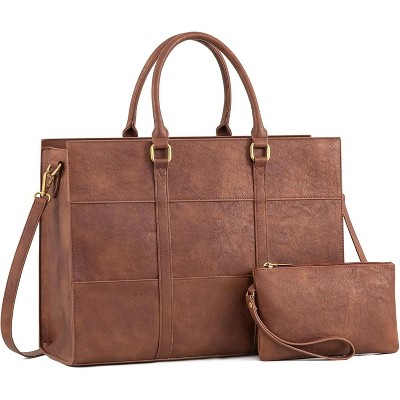 15.6 Inch Work Bags for Women, Vintage Leather Laptop Tote Bag, Waterproof Computer Bags with Clutch Purse