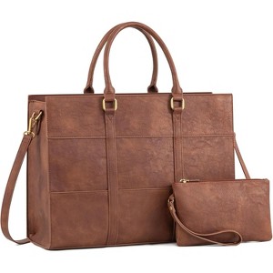 15.6 Inch Work Bags for Women, Vintage Leather Laptop Tote Bag, Waterproof Computer Bags with Clutch Purse - 1 of 4