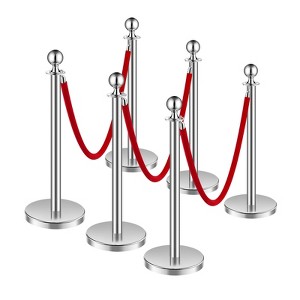 VEVOR Stanchions and Velvet Ropes 6Pcs, Hollow Base with Stainless Steel Post, 3 Red Velvet Ropes and Posts, Crowd Control Barriers Stanchions,Silver - 1 of 4