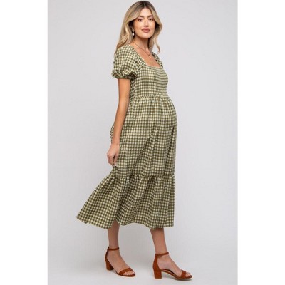 PinkBlush Olive Gingham Smocked Maternity Midi Dress