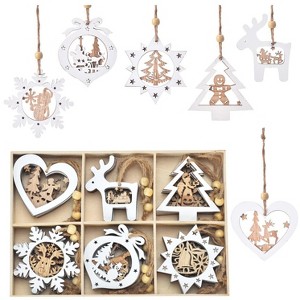 Aoibox Christmas Tree Ornaments Set 24 PCS Wood Hanging Decorations 3D Rustic Winter Wonderland White 2.5x2.7x0.16 Inch - 1 of 4