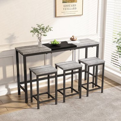 Modern Design Kitchen Dining Table,  CENGHU Rect Table, Pub Table, Long Dining Table Set with 3 Stools, Convenient Hanging Stool Design