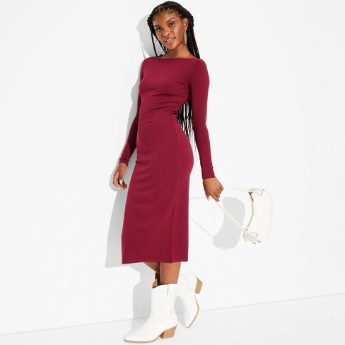 Women s Long Sleeve Knit Midi Dress Wild Fable Cherry Red XS