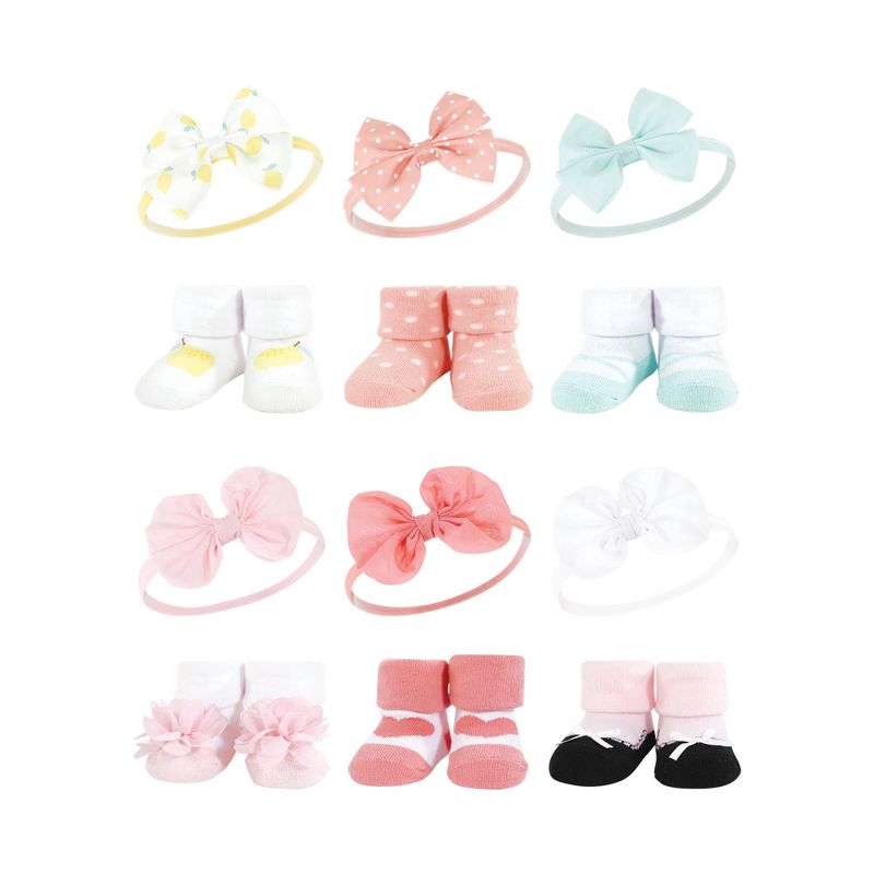 Hudson Baby Infant Girl 12Pc Headband and Socks Giftset, Lemon Blush White, One Size, 1 of 4