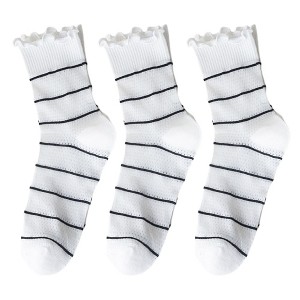 Anna-Kaci 3 Pairs Women's Sheer Mesh Socks with Bow and Stripe Patterns and Ruffled Cuff - 1 of 4