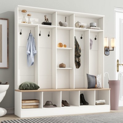 Chic Crate-Wide Hall Tree – Storage Bench/Shoe Cabinet | Cube Storage + 8-Hook Coat Rack | Entryway/Mudroom | White