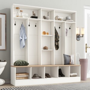 Chic Crate-Wide Hall Tree – Storage Bench/Shoe Cabinet | Cube Storage + 8-Hook Coat Rack | Entryway/Mudroom | White - 1 of 4