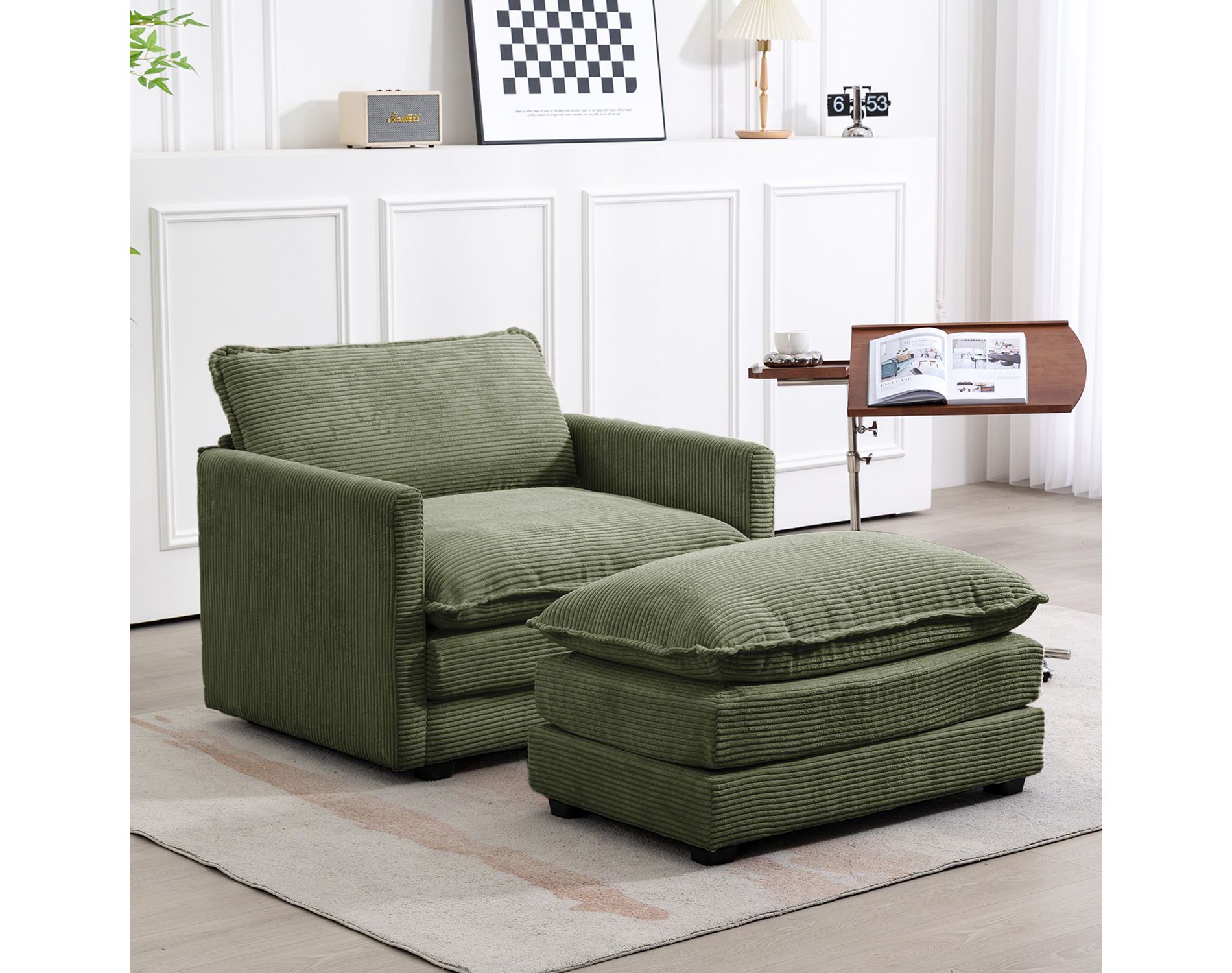 Hyleory Modern Corduroy Fabric Upholstered Accent Chair with Ottoman in Avocado Green