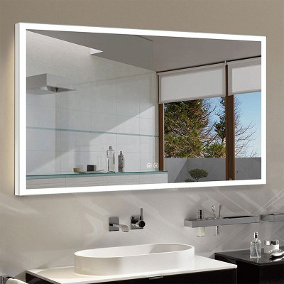 Decoraport 55 x 36 Inch Square LED Wall Mounted Dimmable Bathroom Mirror with Bluetooth, Touch Button Controls & Anti Fog, Vertical & Horizontal Mount