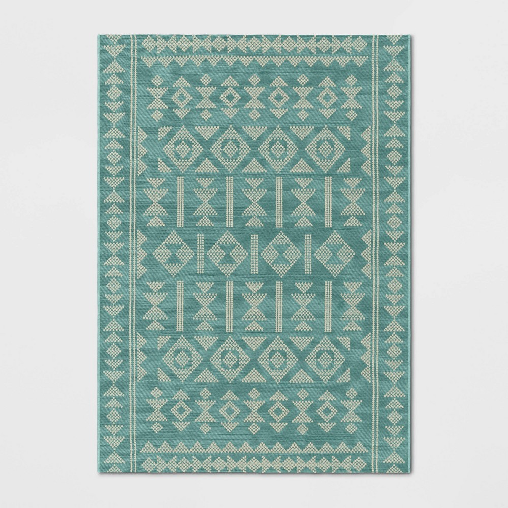 Photos - Doormat 5'x7' Geo Tapestry Rectangular Woven Outdoor Area Rug Turquoise Green - Th