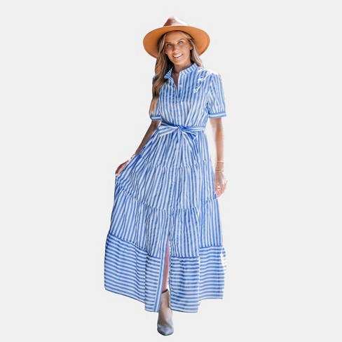 Women s Blue Striped Short Sleeve Waist Tie Maxi Dress Cupshe S Blue