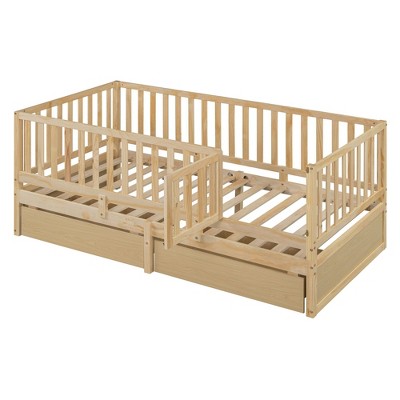 NicBex Daybed, Wooden Day Bed with Fence Guardrails and 2 Drawers, Sofa Bed Frame with Floor Bed