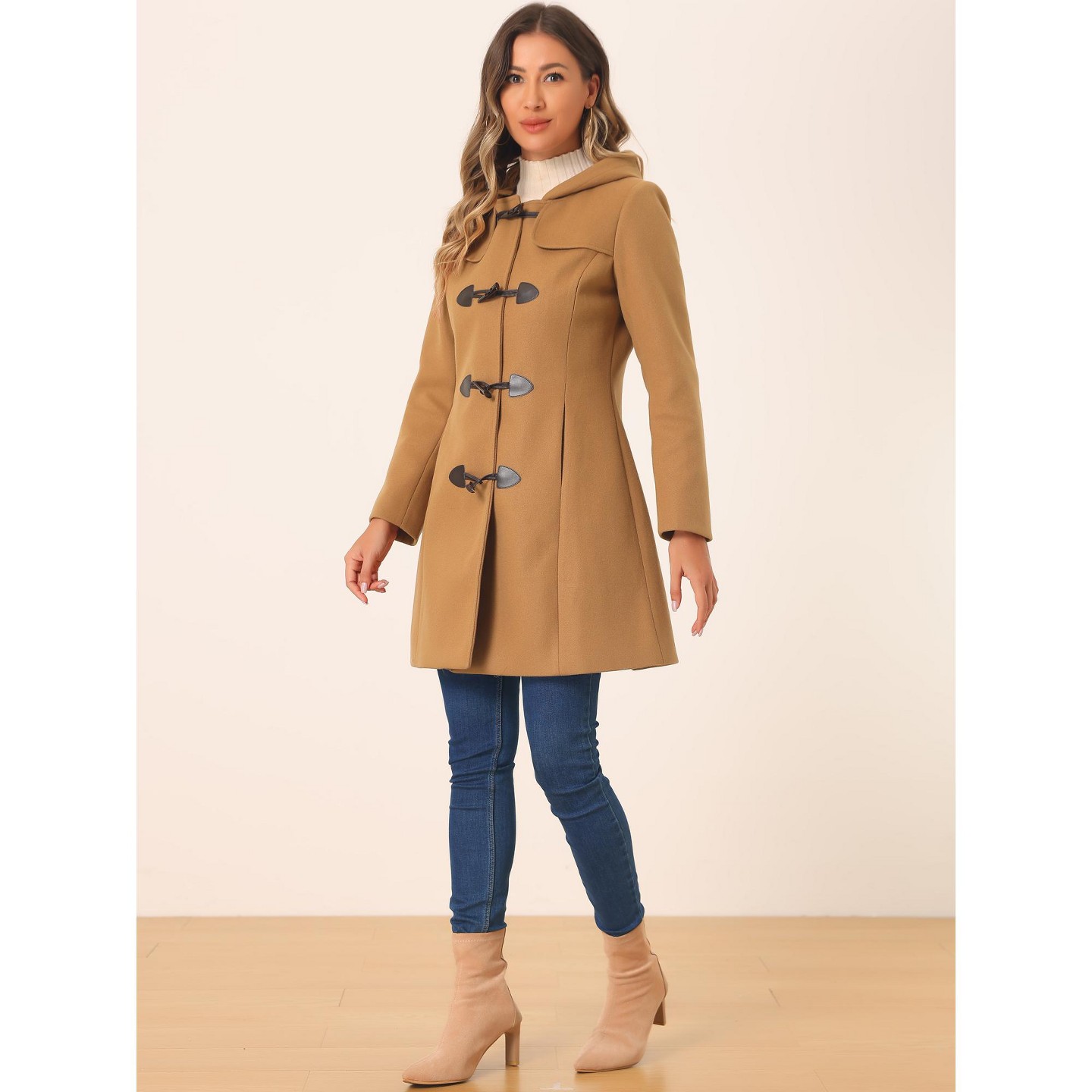 Женские куртки INSPIRE CHIC Hooded Toggle Button Long Sleeve Winter Duffle Coats Medium Camel — фото 3