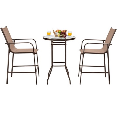 Brown Steel and Fabric Outdoor Patio Bar Set with Tempered Glass Table