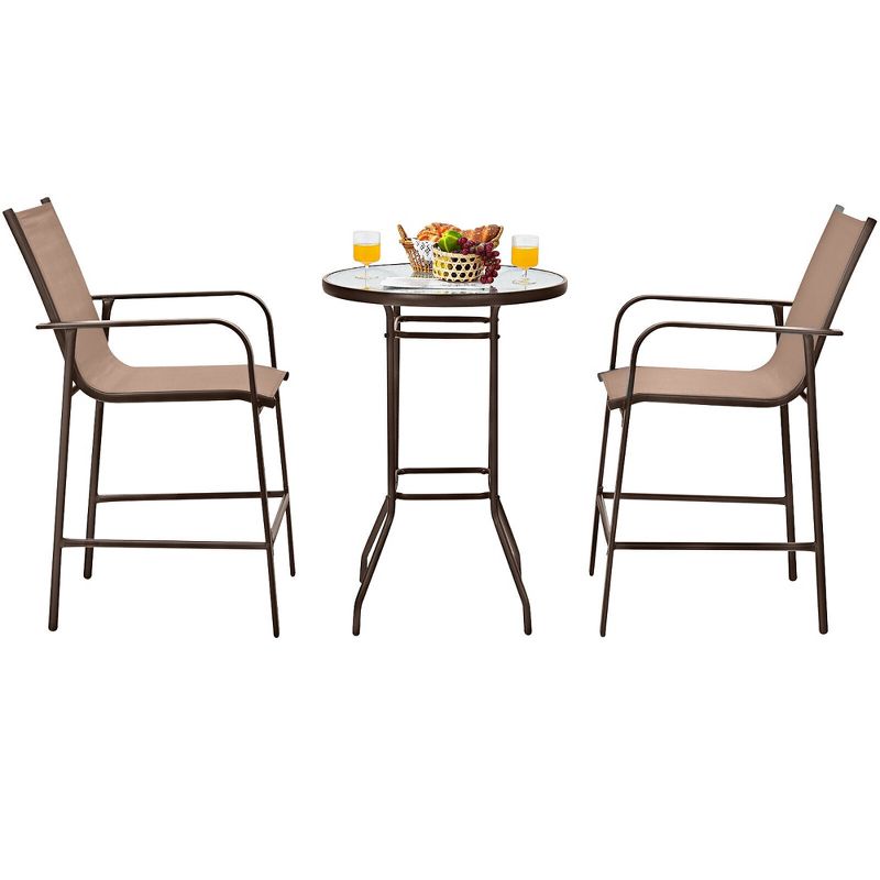Tangkula 3PCS Patio Bar Set Outdoor Bistro Set w/ 2 Stools & 1 Tempered Glass Table Brown, 3 of 7