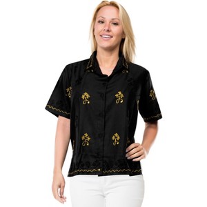 LA LEELA Women's Summer Casual Blouse Shirt Solid Blouses Button Down Short Sleeve Dress Tops Tee Hawaiian Shirts for Women - 1 of 3