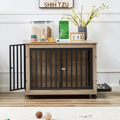 Dog Crate Furniture, Dog House Indoor with Feeding Bowl and Wheels, Wood Dog Crate Dog Kennels Decorative Dog Crate for Small Medium Dogs 38.5"W Grey