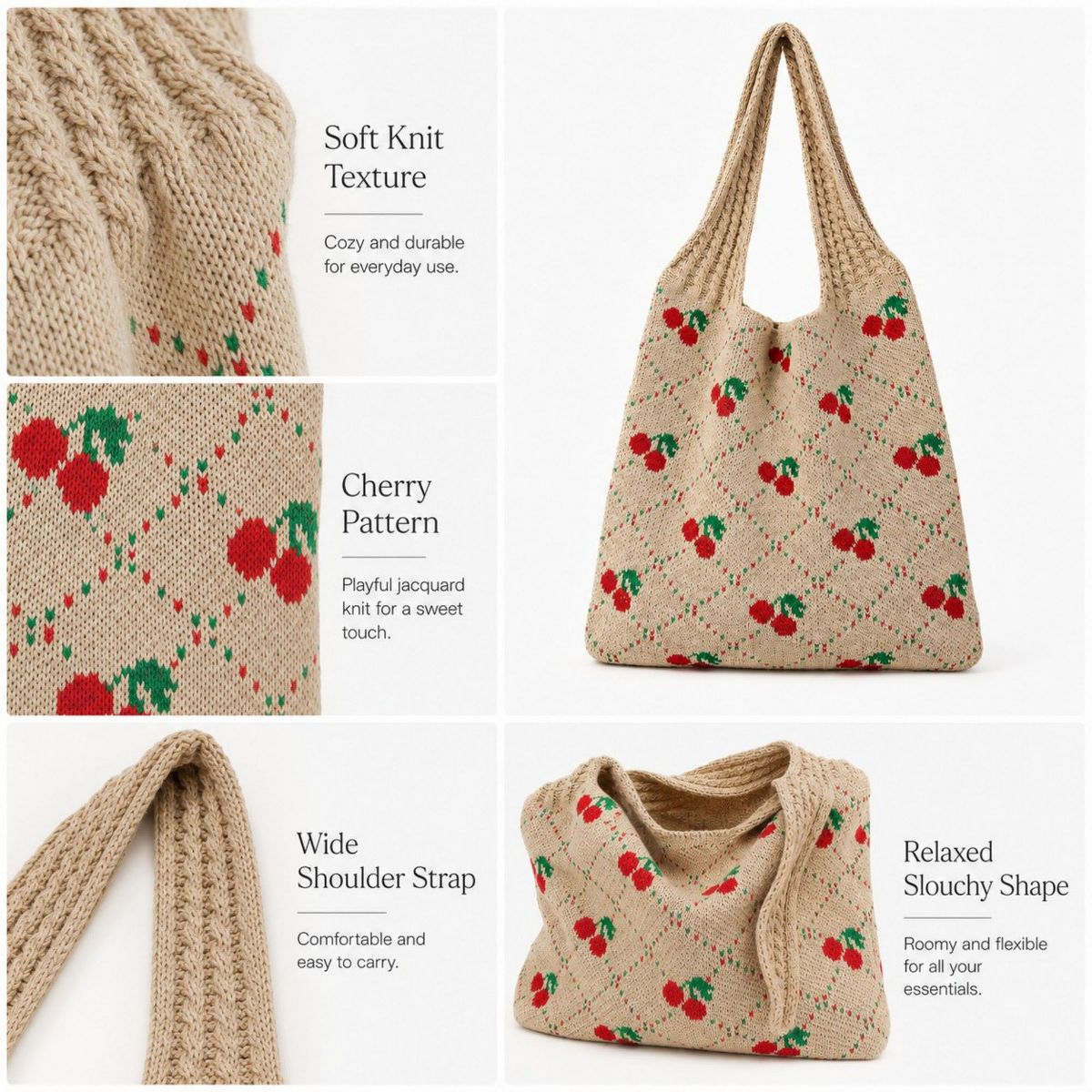 Alilang Women's Cherry Knit Tote Bag Crochet Shoulder Purse Large Summer Beach Carryall - thumbnail 9