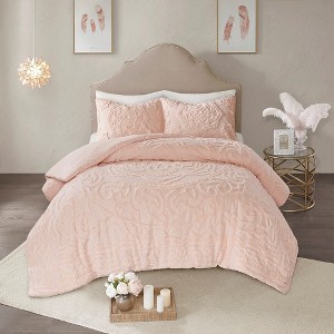 3-Piece Tufted Cotton Chenille Medallion Comforter Set Blush Full/Queen - 1 of 1