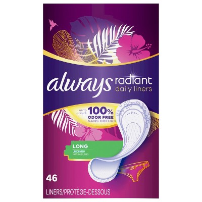 Always Radiant Daily Liners Light Absorbency, Long Length, Up to 100% Odor Free and Fragrance Free, with Edge-2-Edge Adhesive, 46 Count