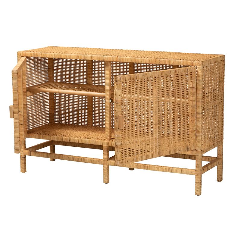 bali & pari Vivan Modern Bohemian Natural Brown Rattan and Mahogany Wood Storage Cabinet, 3 of 10