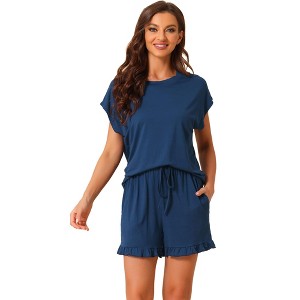 cheibear Women's Summer Soft Short Sleeves Tops with Ruffle Shorts Lounge Pajamas Sets - 1 of 4