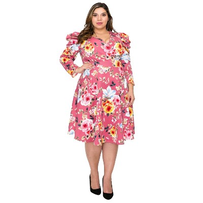 L I V D Women's Floral Statement Sleeve Flare Dress, Mauve Pink, 2X