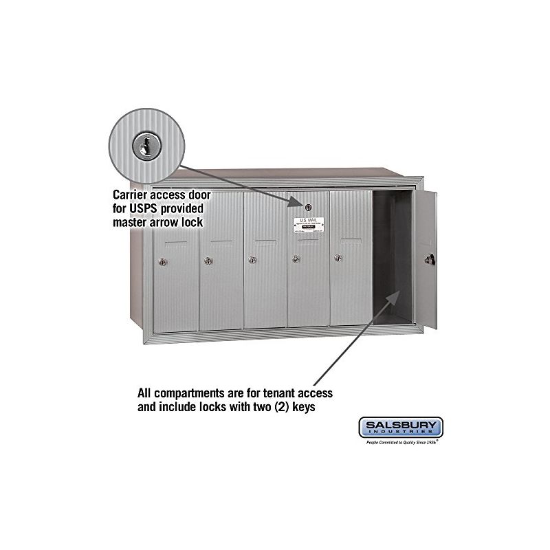 Salsbury Industries Vertical Mailbox - 6 Doors - Aluminum - Recessed Mounted - USPS Access, 2 of 6