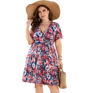 Plus Size Women's V Neck Short Sleeve Dress with Belt Flowy Casual Summer Day Dress - 1 of 4