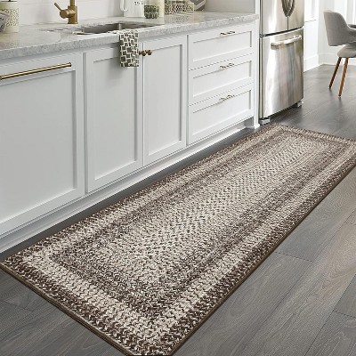Area Rug Braided Printed Throw, Non-Slip Low Pile Accent Carpet, Foldable Soft Floor Cover for Bedroom or Living Room, Mocha