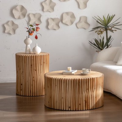 CENGHU Retro Fashion Style Cylindrical Coffee Table with Vertical Texture Relief Design, Nightstand, Side Table for Living Room, Natural, 2PCS