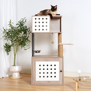 ORRD  Modern Cat Tree w/Litter Box Enclosure, Hammock, Bed, Scratching Posts & Food Station – Gray+White - 1 of 4