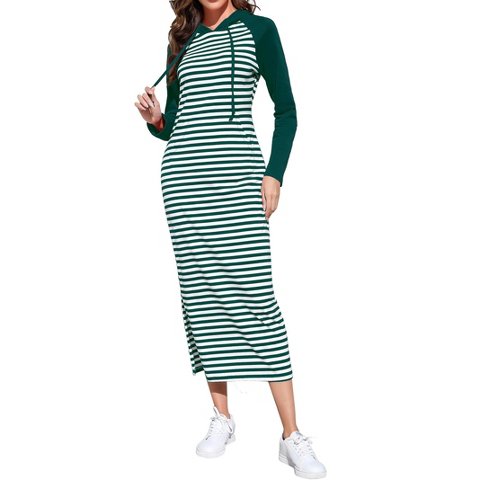 Женские платья Garvee Womens Sweatshirts Dress Maxi Hoodie Dress Long Sleeve Sheath Dress Stripes Dress with Front Pocket,Dark Green White Stripes - M